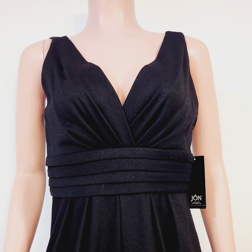 Jôn Jones Of NY NWT Black Wool Empire Plunge Faux Wrap Style Lbd Cocktail - Picture 2 of 13